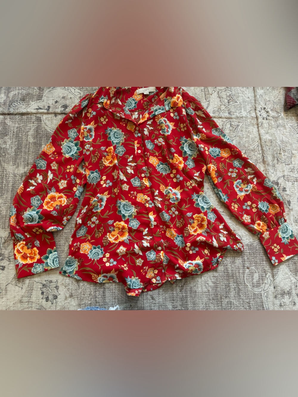 Loft Red Floral Button-Up Blouse with Teal & Orange Flowers L